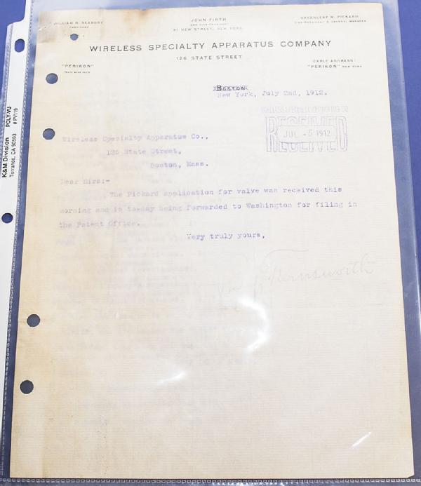 Cover letter dated July 2, 1912 for the patent application for the Pickard Audion. 