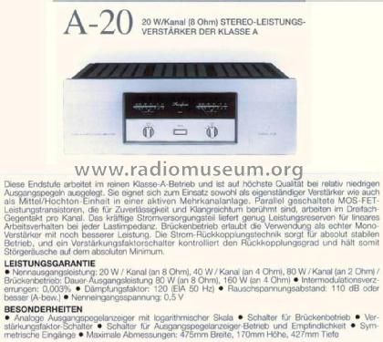 Class A Stereo Power Amplifier A-20; Accuphase Laboratory (ID = 1772453) Ampl/Mixer