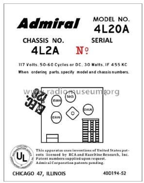 4L20A Ch= 4L2A; Admiral brand (ID = 2792126) Radio