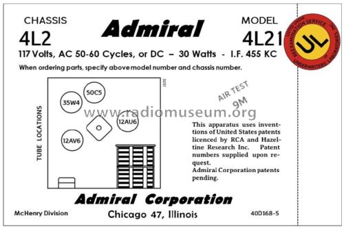 4L21 Ch= 4L2; Admiral brand (ID = 2793371) Radio