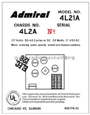 4L21A Ch= 4L2A; Admiral brand (ID = 2792127) Radio