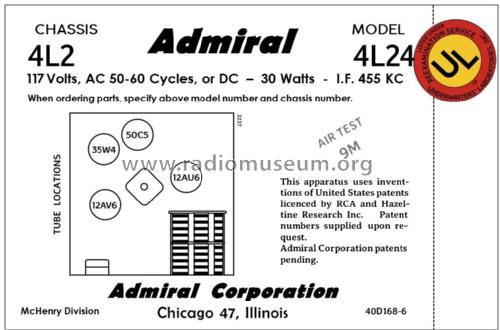 4L24 Ch= 4L2; Admiral brand (ID = 2793372) Radio