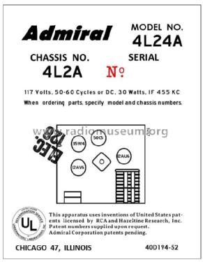 4L24A Ch= 4L2A; Admiral brand (ID = 2792128) Radio