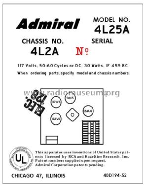 4L25A Ch= 4L2A (4 L 2 A; Admiral brand (ID = 2792131) Radio