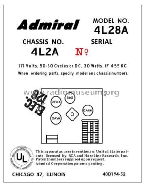 4L28A Ch= 4L2A; Admiral brand (ID = 2792130) Radio