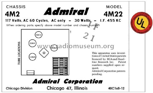 4M22 Ch= 4M2; Admiral brand (ID = 2792158) Radio