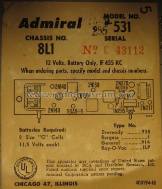 Transistor 8 Dual Speakers Sound All Around 531 ; Admiral brand (ID = 2183034) Radio
