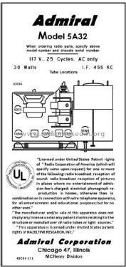 5A32/12 Ch= 5A3; Admiral brand (ID = 2866928) Radio