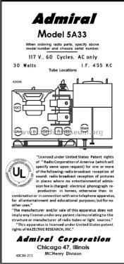 5A33 Ch= 5A3; Admiral brand (ID = 2866933) Radio