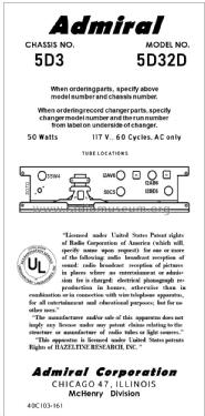 5D32D 5D3; Admiral brand (ID = 2878403) Radio