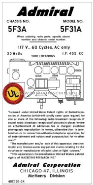 5F31A Ch= 5F3A; Admiral brand (ID = 2813418) Radio