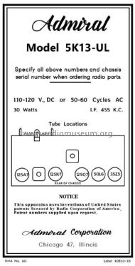 5K13 Ch= 5K1; Admiral brand (ID = 2783364) Radio