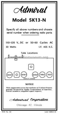 5K13 Ch= 5K1; Admiral brand (ID = 2783361) Radio