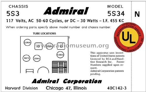 5S34 Ch= 5S3; Admiral brand (ID = 2788285) Radio