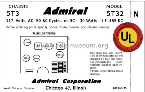 5T32 Ch= 5T3; Admiral brand (ID = 2788245) Radio