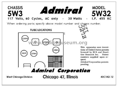 5W32 Ch= 5W3; Admiral brand (ID = 2792181) Radio