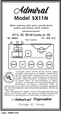 5X11 N; Admiral brand (ID = 2865122) Radio