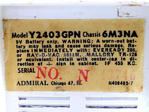 6 Transistor Y2403GPN ; Admiral brand (ID = 2615718) Radio