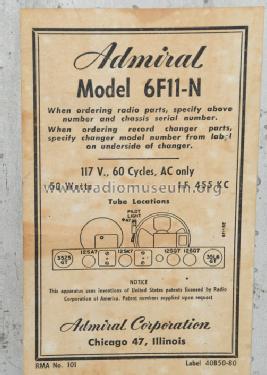 6F11-N; Admiral brand (ID = 1697125) Radio