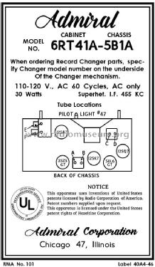 6RT41A Ch= 5B1A; Admiral brand (ID = 2915820) Radio
