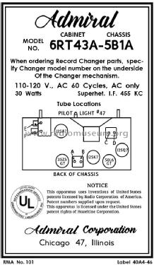 6RT43A Ch= 5B1A; Admiral brand (ID = 2915822) Radio