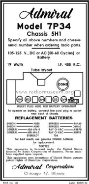7P34 Ch= 5H1; Admiral brand (ID = 2920788) Radio