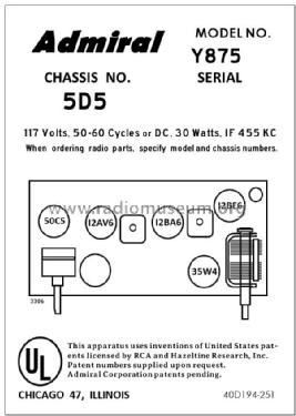 875 Ch= 5D5; Admiral brand (ID = 2788982) Radio