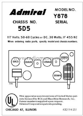 878 Ch= 5D5; Admiral brand (ID = 2788983) Radio