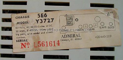 Admiral Y3727 Ch= 5E6; Admiral brand (ID = 649809) Radio