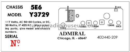 Admiral Y3729 Ch= 5E6; Admiral brand (ID = 2793676) Radio