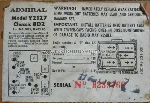 Imperial-8 All Transistor Y2127 ; Admiral brand (ID = 1926648) Radio