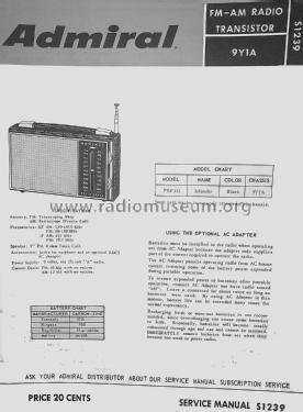 Islander FM-AM Radio Transistor PRF111 Ch= 9Y1A; Admiral brand (ID = 2851412) Radio