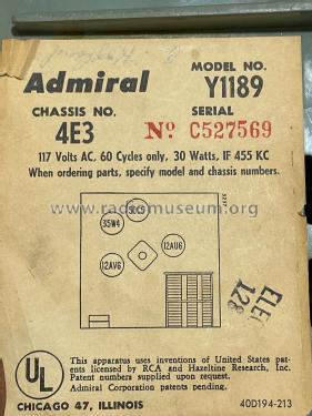 Y1189 Ch= 4E3; Admiral brand (ID = 2855506) Radio