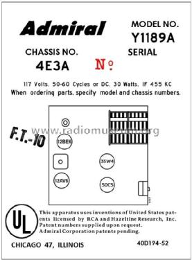 Y1189A Ch= 4E3A; Admiral brand (ID = 2928005) Radio