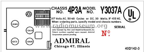 Y3037A 'Sinclair' Ch= 4P3A; Admiral brand (ID = 2876404) Radio