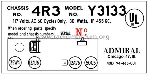 Y3133 Ch= 4R3; Admiral brand (ID = 2865137) Radio