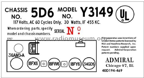 Y3149 'Celebrity' Ch= 5D6; Admiral brand (ID = 2851759) Radio