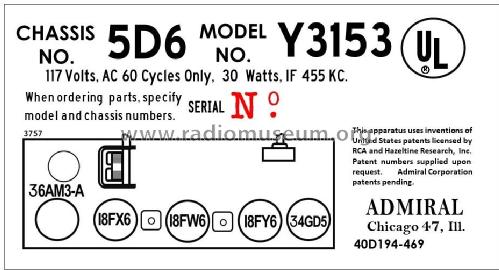 Y3153 'Capri' Ch= 5D6; Admiral brand (ID = 2851760) Radio