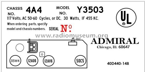 Y3503 Ch= 4A4; Admiral brand (ID = 2844610) Radio