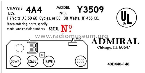 Y3509 Ch= 4A4; Admiral brand (ID = 2844608) Radio