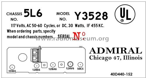 Y3528 Ch= 5L6; Admiral brand (ID = 2793381) Radio