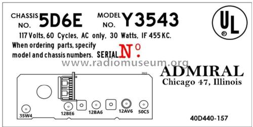 Y3543 Clock Radio Ch= 5D6E; Admiral brand (ID = 2793405) Radio