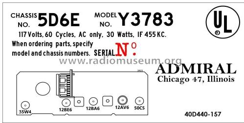 Y3783 Ch= 5D6E; Admiral brand (ID = 2793394) Radio