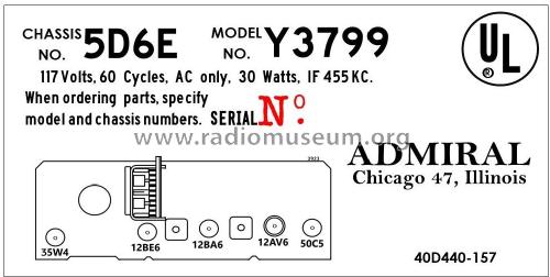 Y3799 Ch= 5D6E; Admiral brand (ID = 2793402) Radio