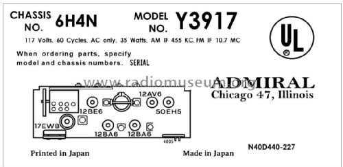 Y3917 Ch= 6HN4; Admiral brand (ID = 2891231) Radio