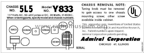 Y833 Ch= 5L5; Admiral brand (ID = 2788933) Radio