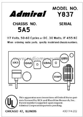 Y837 Ch= 5A5; Admiral brand (ID = 2788912) Radio