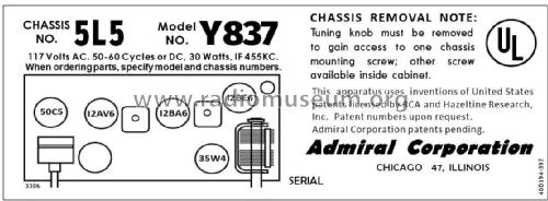 Y837 Ch =5L5; Admiral brand (ID = 2788934) Radio