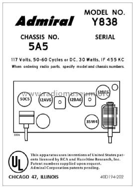 Y838 Ch= 5A5; Admiral brand (ID = 2788913) Radio