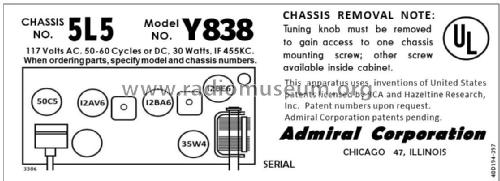 Y838 Ch= 5L5; Admiral brand (ID = 2788935) Radio